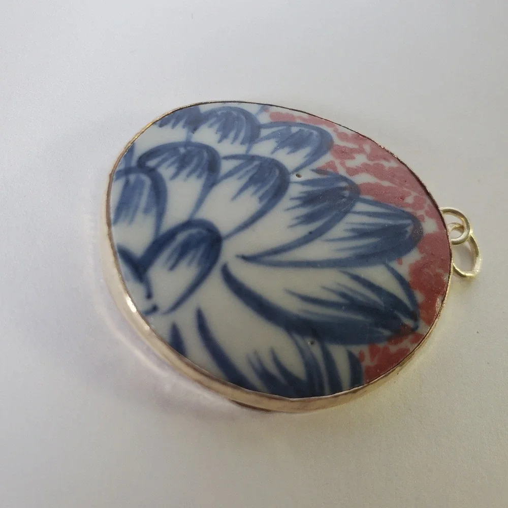 Artisan Floral Pendant Ming Blue Coral White Porcelain Pottery Shard Chinoiserie